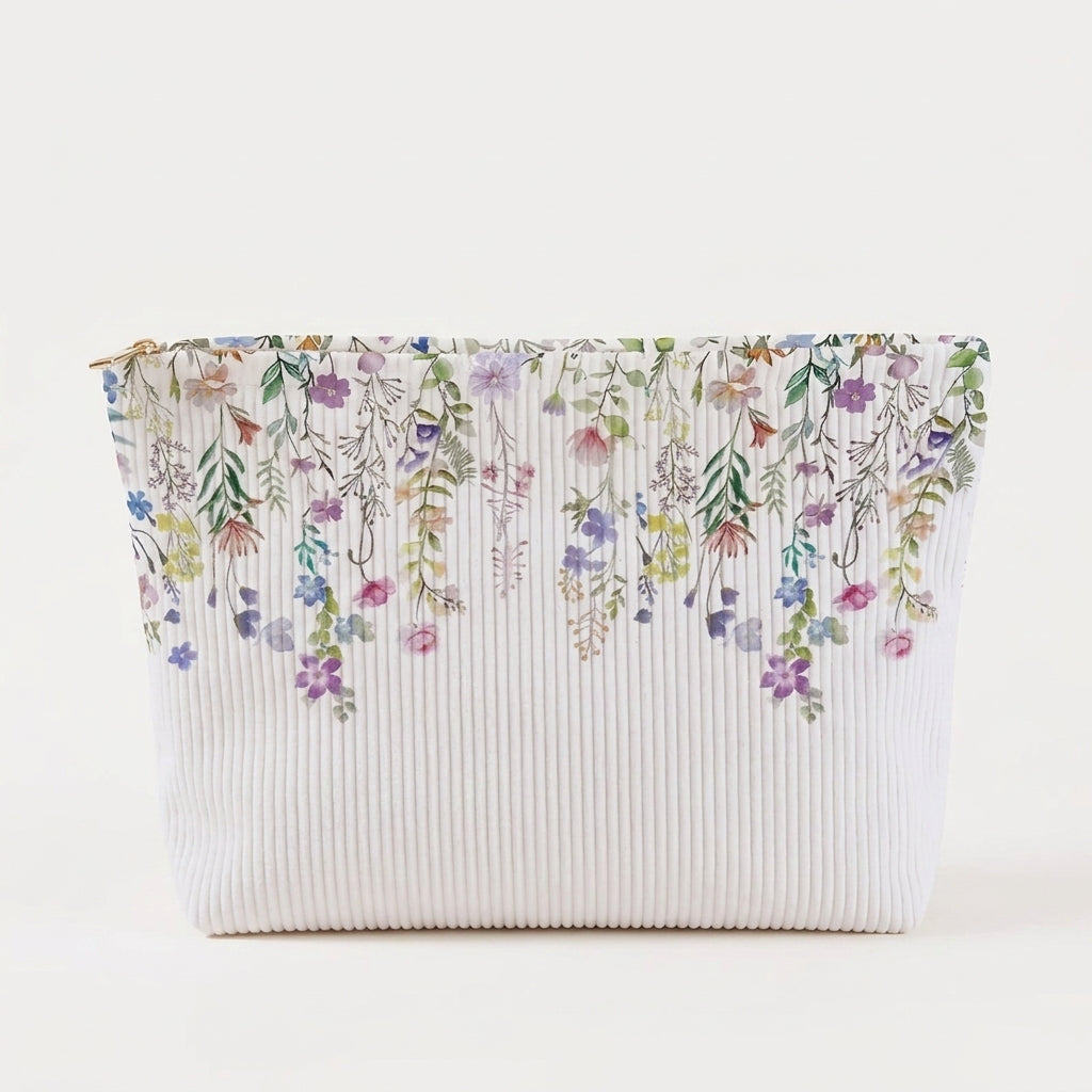 Trousse maquillage motif Flora sur fond blanc