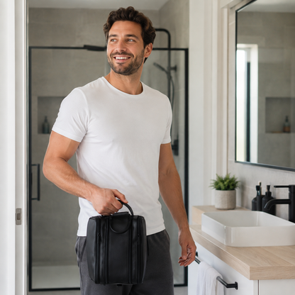 Un homme tient sa trousse de toilette par la poignée