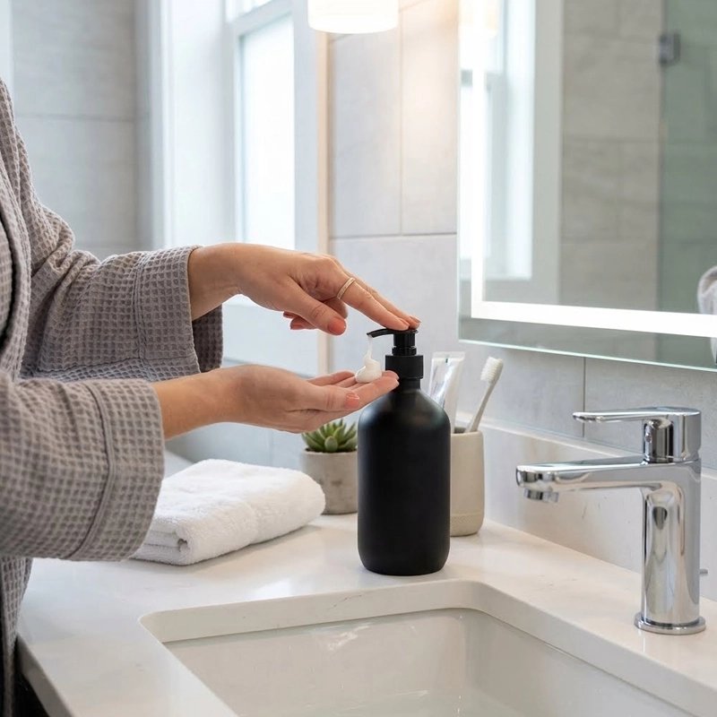 Mains de femme pressant un distributeur de savon​ liquide sur un comptoir de salle de bain