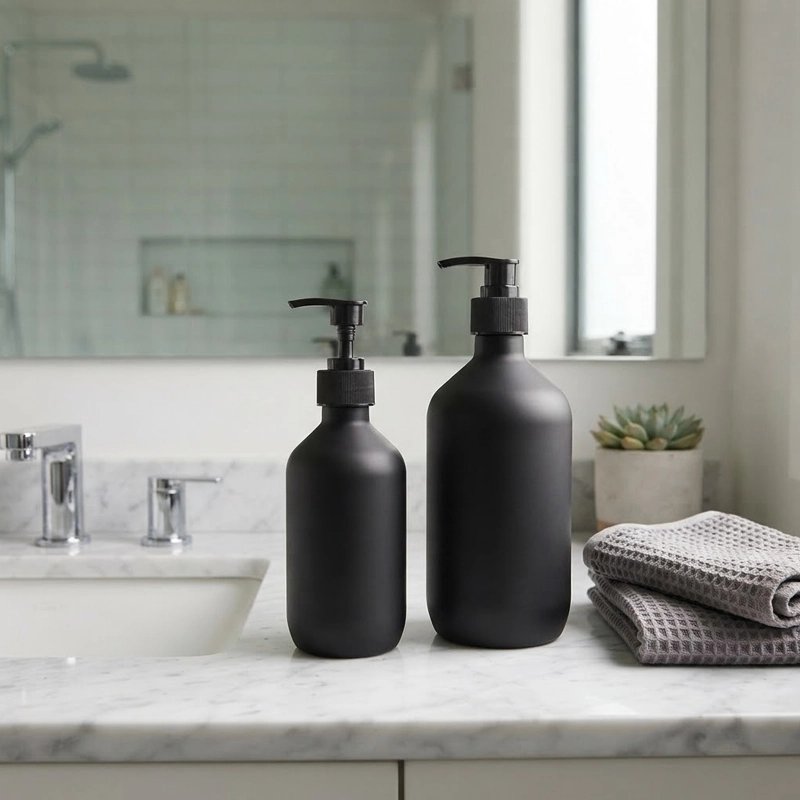 Distributeurs de savon​ liquide de couleur noir mat disponibles en format de 300 et 500 ml