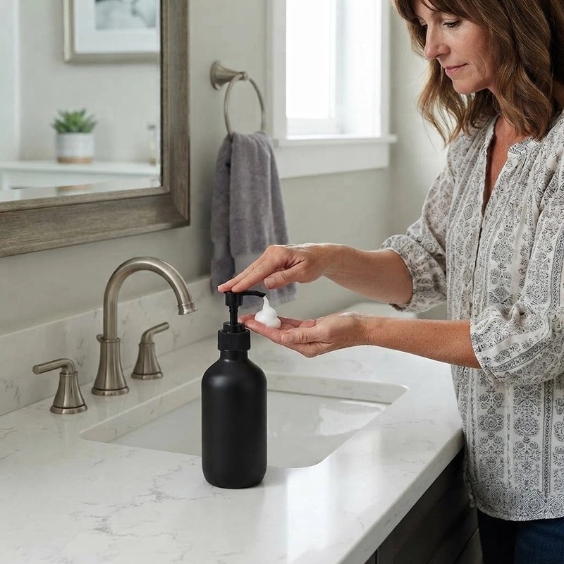 Femme utilisant le distributeur de savon liquide pour de la lotion