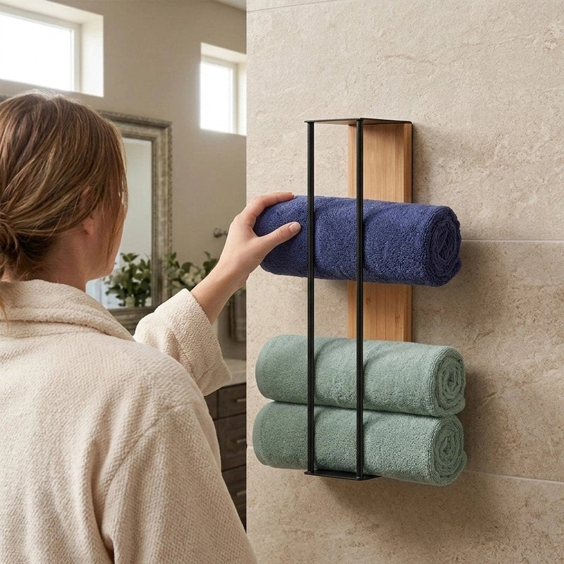 Porte serviette mural vertical pratique et esthétique dans une salle de bain