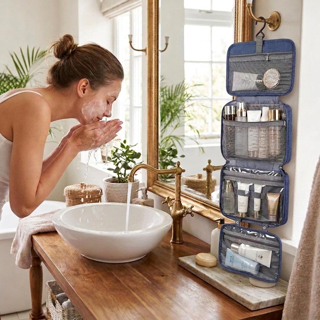 Femme se lavant le visage dans une salle de bain avec ses produits de soins bien organisés dans sa trousse suspendue