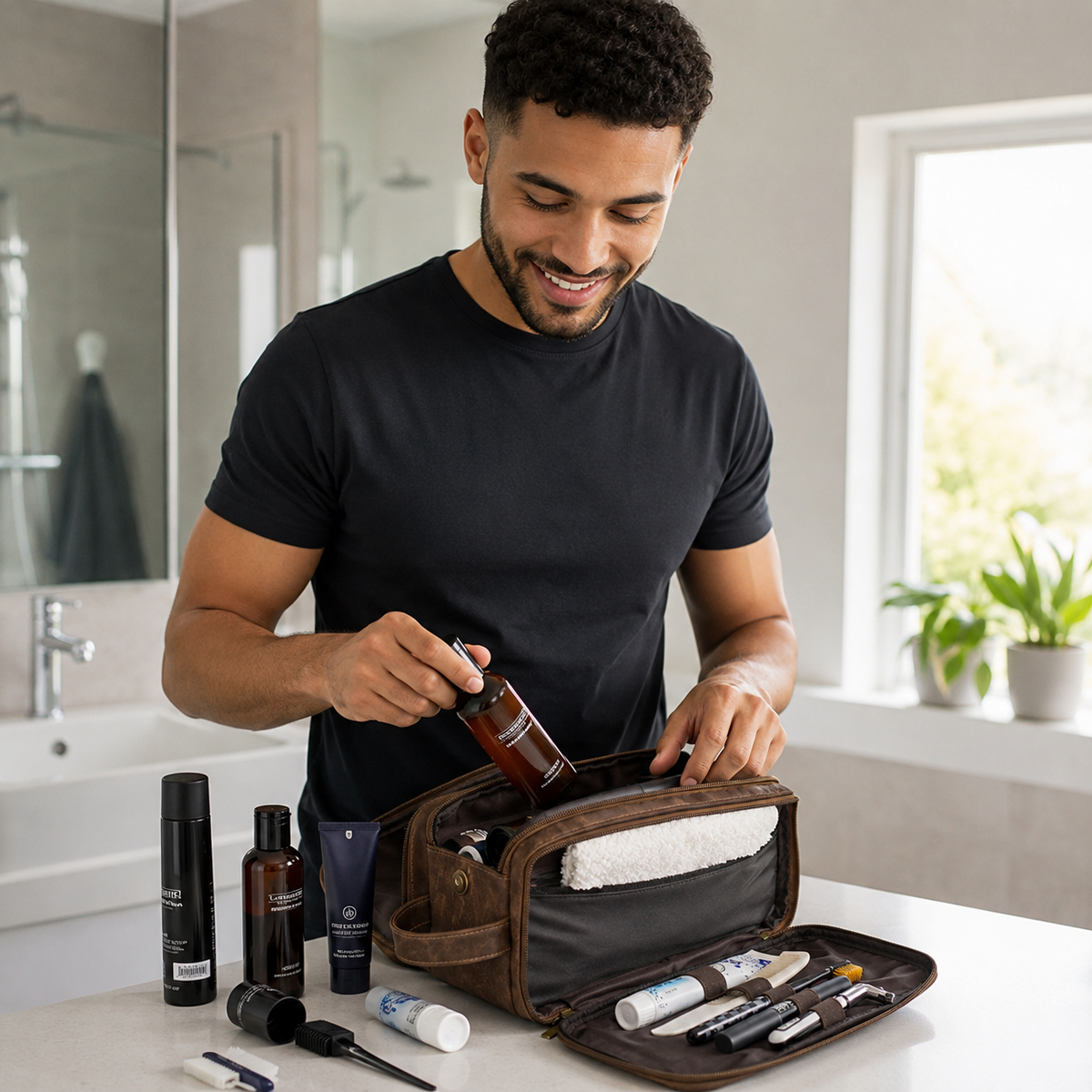 Homme qui range ses produits dans sa trousse de toilette