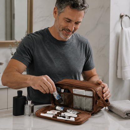 Trousse de toilette homme en cuir PU avec beaucoup de rangement