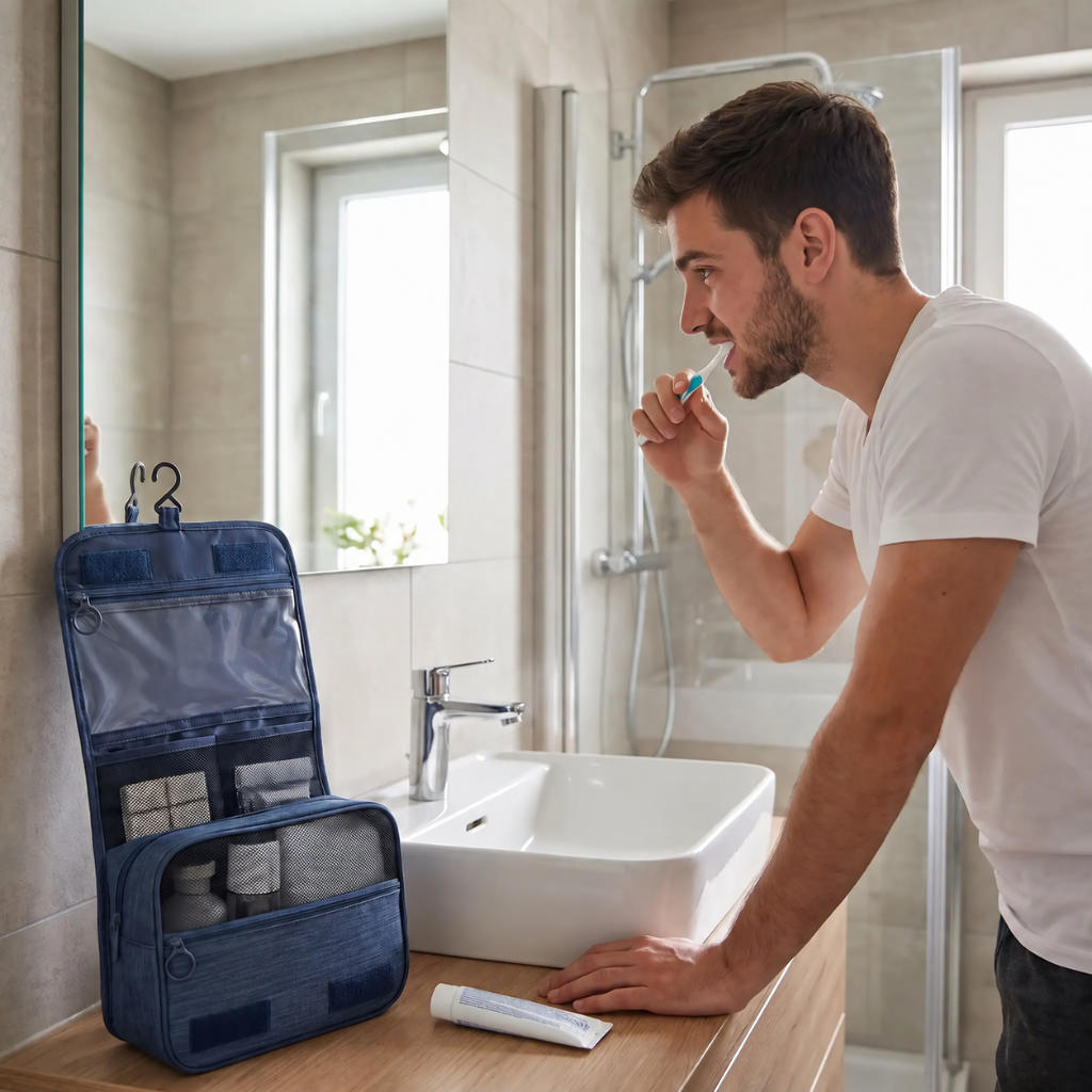Jeune homme se brosse les dents avec sa trousse de toilette près du lavabo