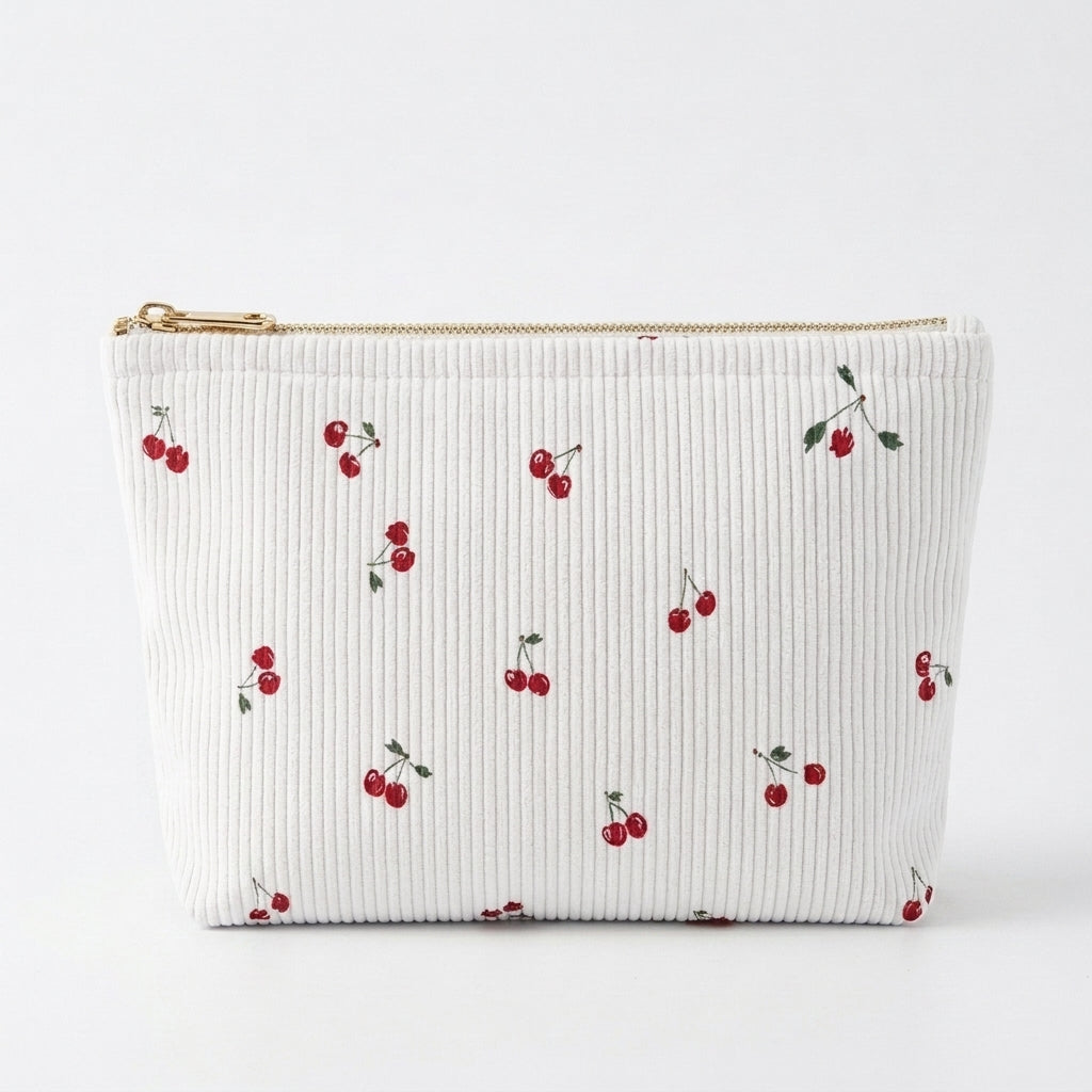 trousse maquillage motif cerise sur fond blanc