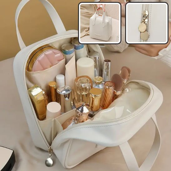Trousse maquillage ouverte avec produits de beauté dedans